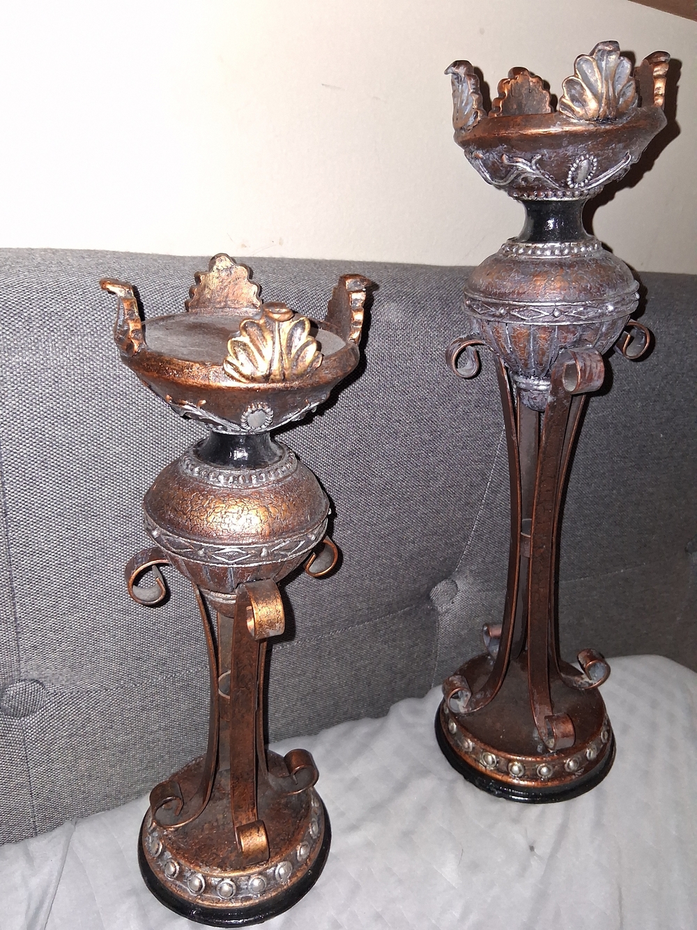 Decorative Bronze-Tone Resin And Metal Pedestal Candle Holders - Set of 2